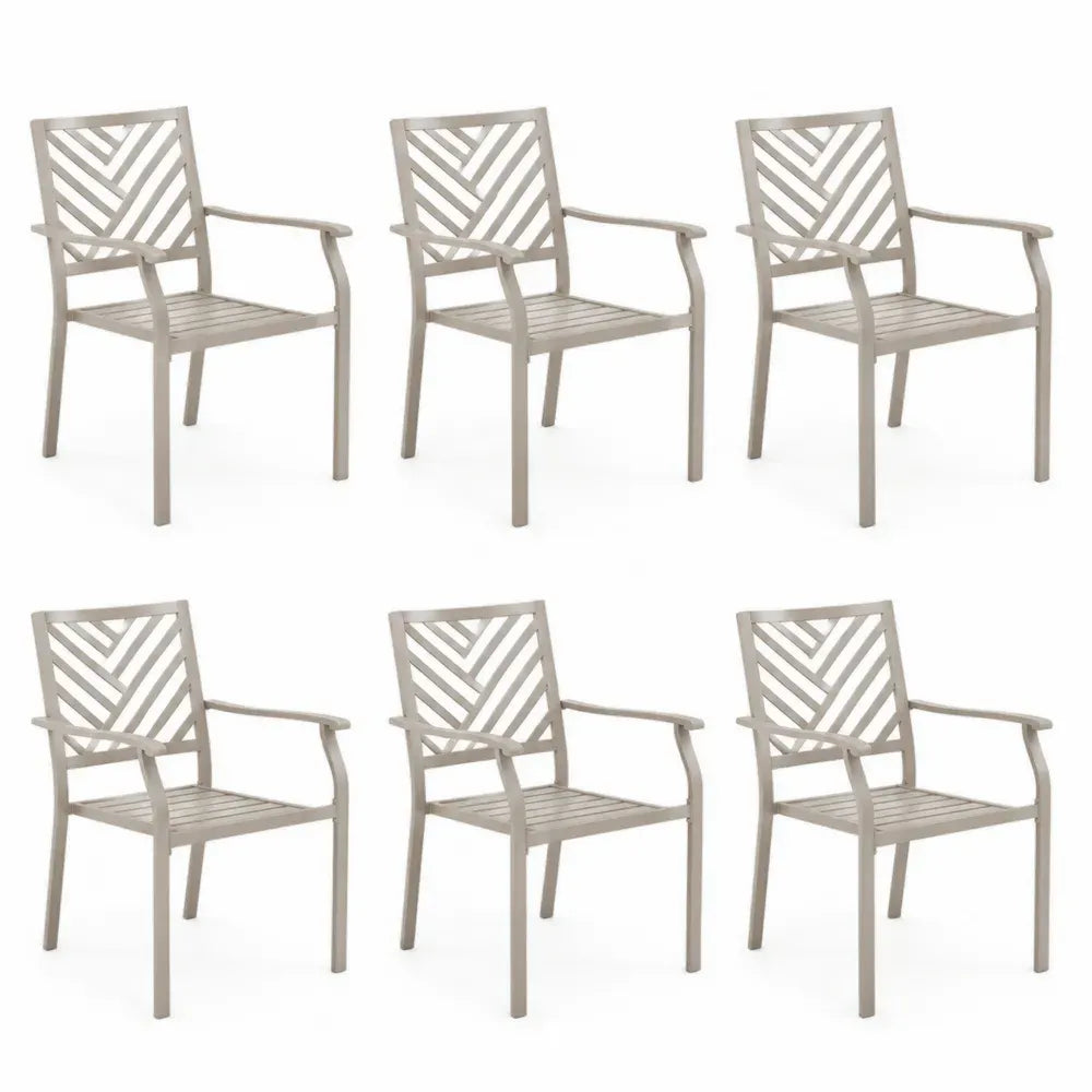 6er Set Gartenstühle mit Armlehnen pulverbeschichtetes Aluminium V-förmige Rückenlehne Latten-Sitzfläche Taupegrau 56 x 60 x 92 cm