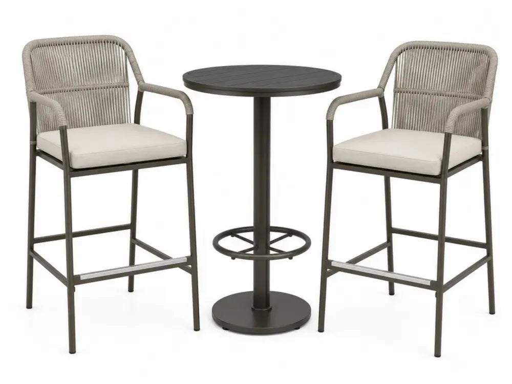 Gartenbar Set 3 teilig mit rundem Bartisch Ø 70 x 105 cm und 2 Barstühlen 57 x 58 x 110 cm Polyethylen Seilgeflecht pulverbeschichteter Stahl grau beige dunkelgrau silberfarben schwarz