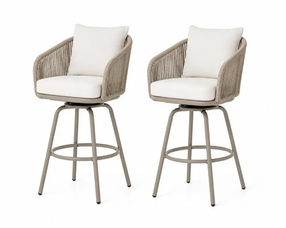 2er Set Gartenbarstühle drehbar 58 x 60 x 112 cm aus Polyesterseil Polyesterkissen und pulverbeschichtetem Stahl Taupe Creme Taupegrau Schwarz