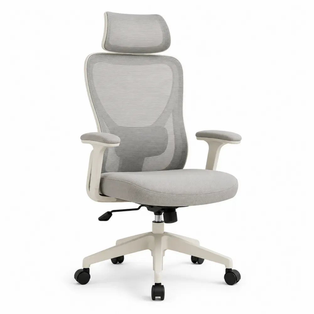 Bürostuhl Computerstuhl Drehstuhl mit Kopfstütze Lendenstütze Armlehnen Rollen Polyester-Mesh Polyurethanschaum PP Stahl Grau Weiß Schwarz Chrom 66 x 66 x 116 bis 128 cm