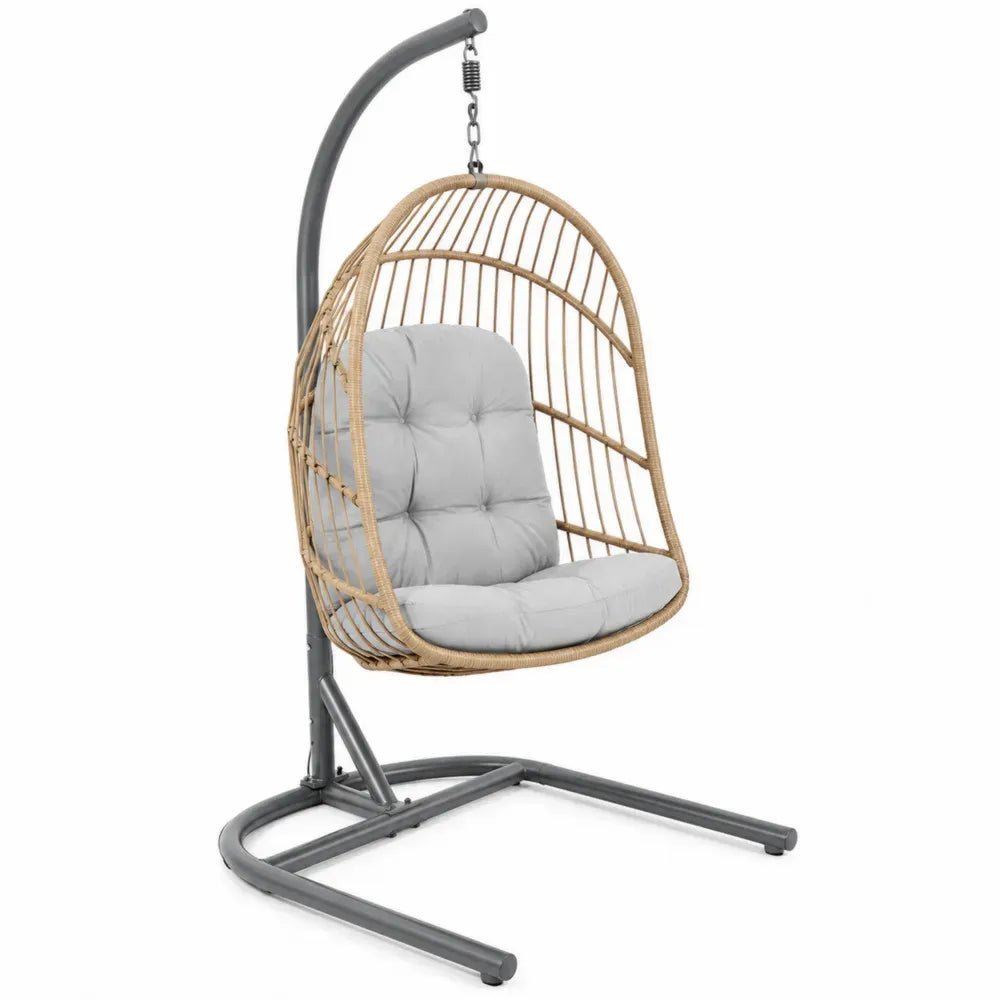 Hängesessel mit Gestell oval aus PE-Rattan Stahlrohr und Polyesterkissen Naturbeige Hellgrau Dunkelgrau 105 x 105 x 195 cm