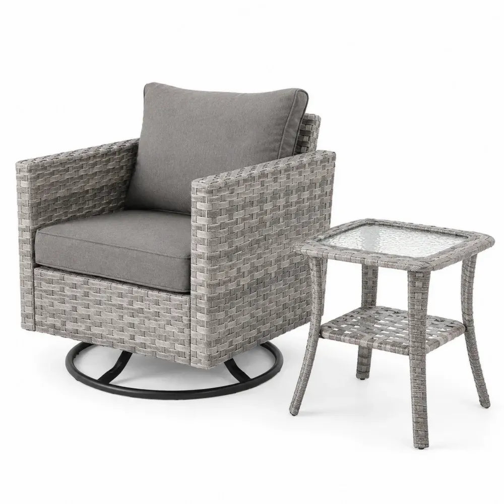 2-teiliges Gartenmöbel Set mit Drehsessel und quadratischem Beistelltisch PE-Rattan Polyester Stahl Grau Schwarz Transparent Sessel 78 x 82 x 86 cm Tisch 45 x 45 x 50 cm