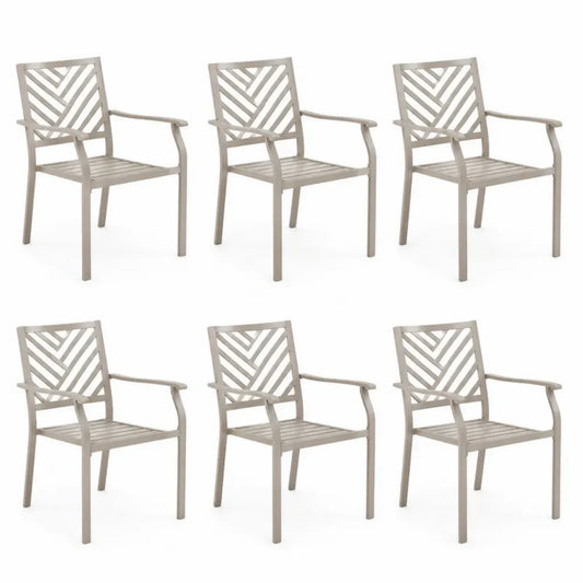 6er Set Gartenstühle mit Armlehnen pulverbeschichtetes Aluminium V-förmige Rückenlehne Latten-Sitzfläche Taupegrau 56 x 60 x 92 cm