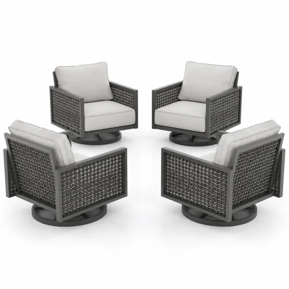 4er Set Garten Drehsessel mit Armlehnen aus Aluminium PE-Rattan und Polyesterkissen Dunkelgrau Grau Hellgrau 76 x 78 x 84 cm