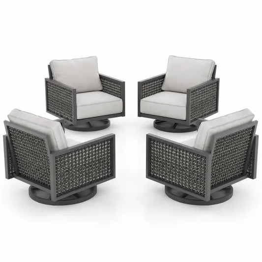 4er Set Garten Drehsessel mit Armlehnen aus Aluminium PE-Rattan und Polyesterkissen Dunkelgrau Grau Hellgrau 76 x 78 x 84 cm