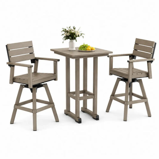 3 teiliges Gartenbar Set mit Bartisch 80 x 80 x 105 cm und 2 drehbaren Barstühlen 62 x 60 x 115 cm aus HDPE Kunststofflamellen und Stahl Taupegrau Schwarz