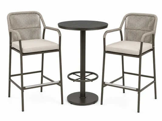 Gartenbar Set 3 teilig mit rundem Bartisch Ø 70 x 105 cm und 2 Barstühlen 57 x 58 x 110 cm Polyethylen Seilgeflecht pulverbeschichteter Stahl grau beige dunkelgrau silberfarben schwarz