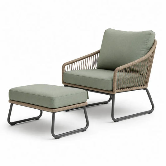 2-teiliges Gartensessel Set mit Hocker aus Aluminium Polyesterseil und Polyesterkissen Grün Taupe Dunkelgrau Sessel 78 x 82 x 82 cm Hocker 65 x 55 x 42 cm