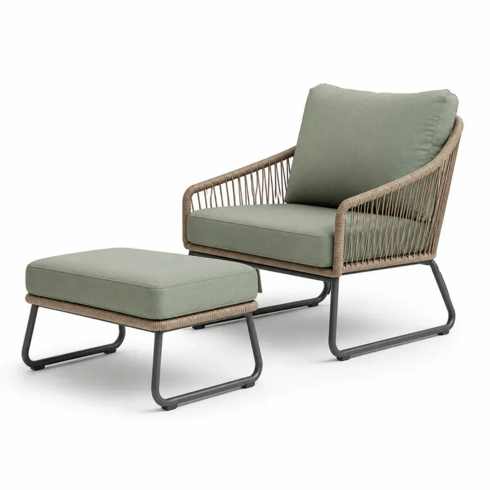 2-teiliges Gartensessel Set mit Hocker aus Aluminium Polyesterseil und Polyesterkissen Grün Taupe Dunkelgrau Sessel 78 x 82 x 82 cm Hocker 65 x 55 x 42 cm