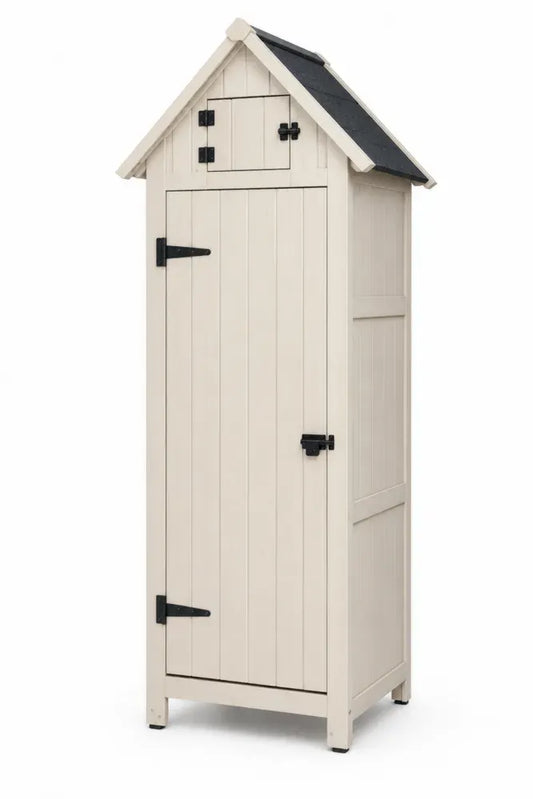 Gartenschrank Terrassenschrank mit Tür und Satteldach aus massivem Tannenholz mit Bitumendach Creme Schwarz 77 x 54 x 179 cm