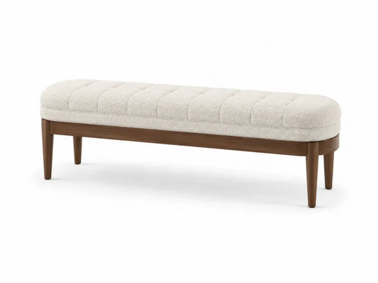 Schlafzimmerbank Polsterbank 140 x 45 x 48 cm Polyester Bouclé Kautschukholz rechteckig Creme Walnussbraun