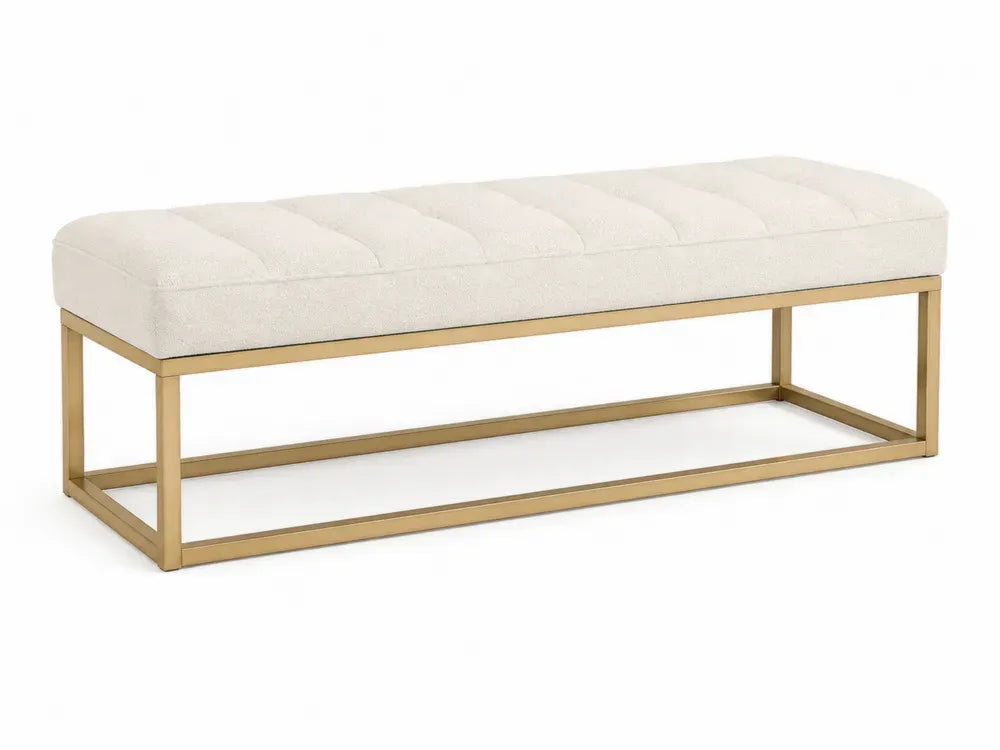 Schlafzimmerbank Polsterbank 140 x 45 x 46 cm Polyester Bouclé pulverbeschichteter Stahl rechteckig Creme Goldfarben