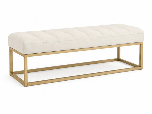Schlafzimmerbank Polsterbank 140 x 45 x 46 cm Polyester Bouclé pulverbeschichteter Stahl rechteckig Creme Goldfarben