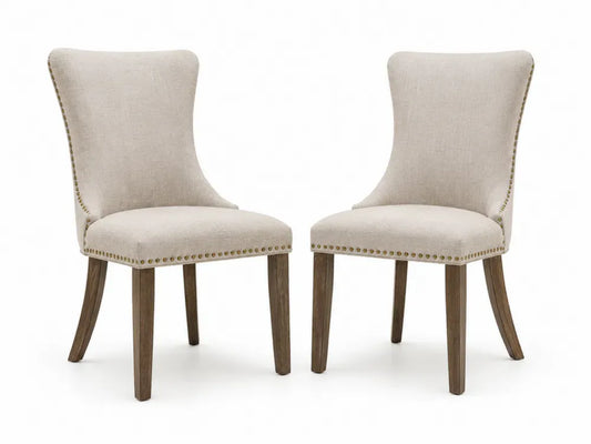 2er Set Esszimmerstühle 54 x 62 x 96 cm Polyestergewebe Polyurethan-Schaumstoff Kautschukholz geschwungene Rückenlehne Beige Braun Messingfarben