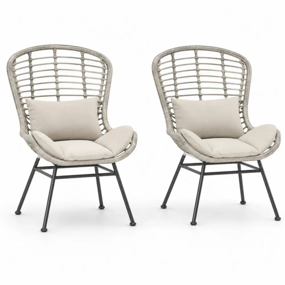 2er Set Gartensessel mit Kissen 73 x 70 x 94 cm PE Rattangeflecht pulverbeschichteter Stahl fächerförmig graubeige beige schwarz