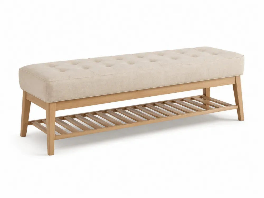 Polsterbank Schlafzimmerbank mit Ablage Knopfheftung Polyestergewebe Kautschukbaum-Massivholz Beige Natur 120 x 40 x 48 cm