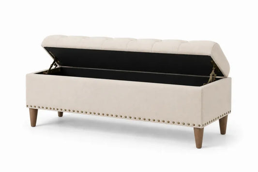 Schlafzimmerbank Truhenbank mit Stauraum und Klappdeckel 140 x 45 x 48 cm Polyestergewebe MDF Kautschukholz rechteckig Creme Braun Goldfarben Schwarz