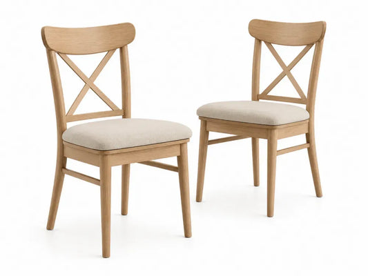 2er Set Esszimmerstühle 47 x 54 x 89 cm massives Kautschukholz Polyester Leinen Mischgewebe X Rückenlehne Naturholzfarben Beige