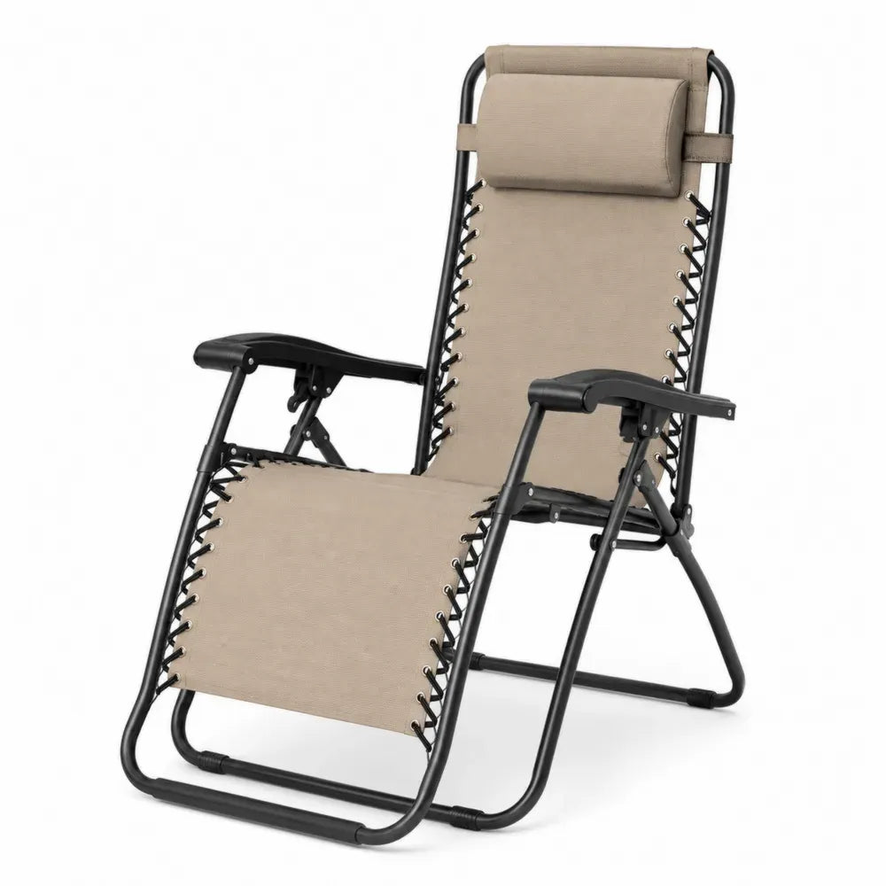 Relaxliege Gartenstuhl klappbar mit Kopfkissen Armlehnen Textilene Stahlrohr Beige Schwarz 165 x 65 x 110 cm